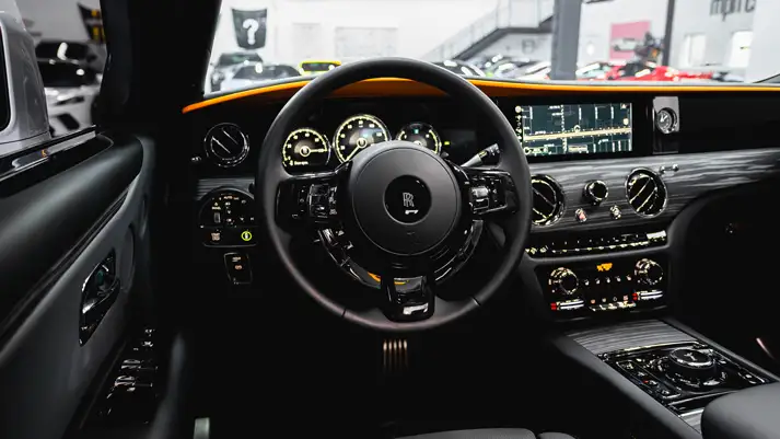 white-on-orange-rolls-royce-ghost-dashboard-view-rental-mph-club